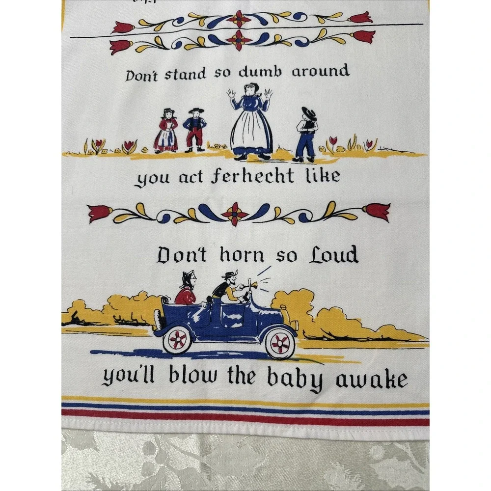 2 Hand Prints Linen Tea Towels Pennsylvania Dutch Amish Vintage 16